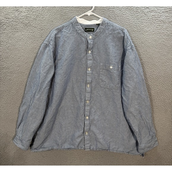 Orvis Shirt Adult 2XL XXL Blue White Striped Linen Blend Coastal Nautical Mens - Picture 1 of 11